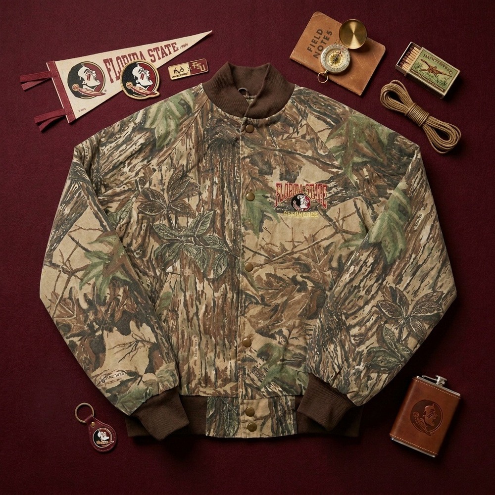 Vintage Florida State Seminoles Realtree Camo Bomber Jacket Men's Snap Quilted